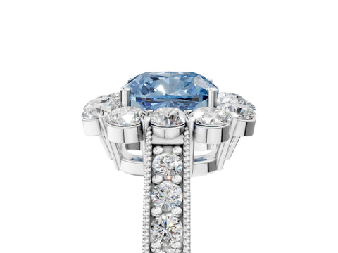White gold Fancy Blue Cushion Cut Cut Halo Diamond Pavé Engagement Ring with Milgrain Detailing_17