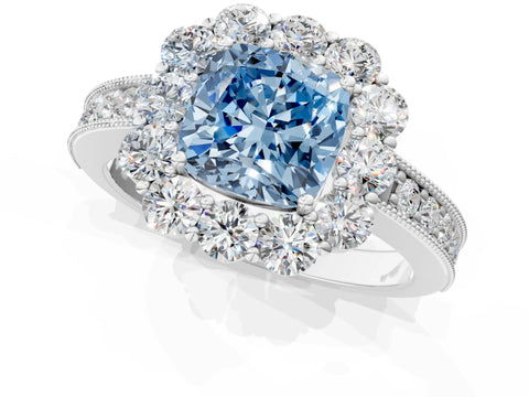 White gold Fancy Blue Cushion Cut Cut Halo Diamond Pavé Engagement Ring with Milgrain Detailing_1