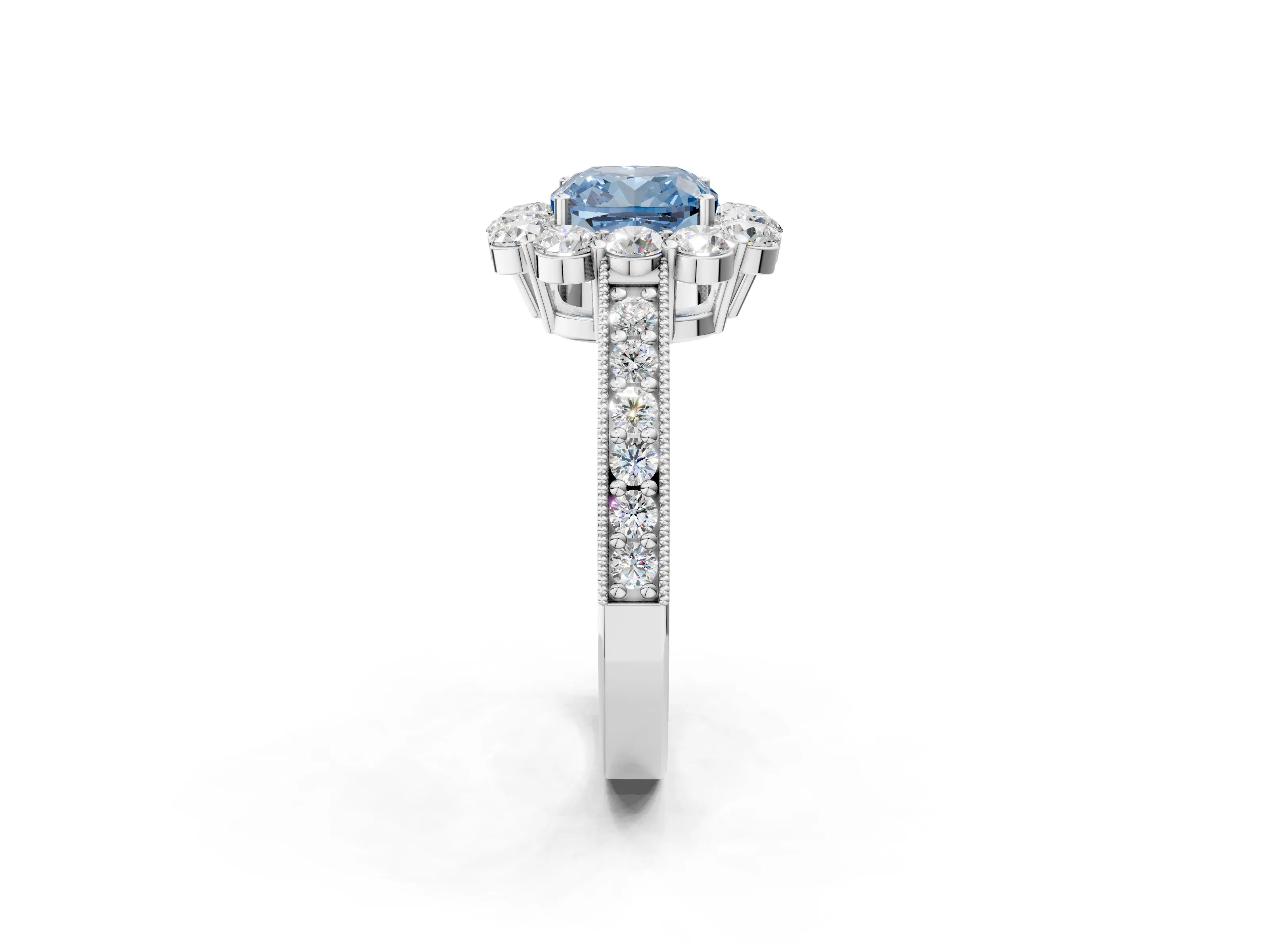 White gold Fancy Blue Cushion Cut Cut Halo Diamond Pavé Engagement Ring with Milgrain Detailing_2