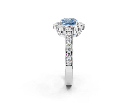 White gold Fancy Blue Cushion Cut Cut Halo Diamond Pavé Engagement Ring with Milgrain Detailing_2