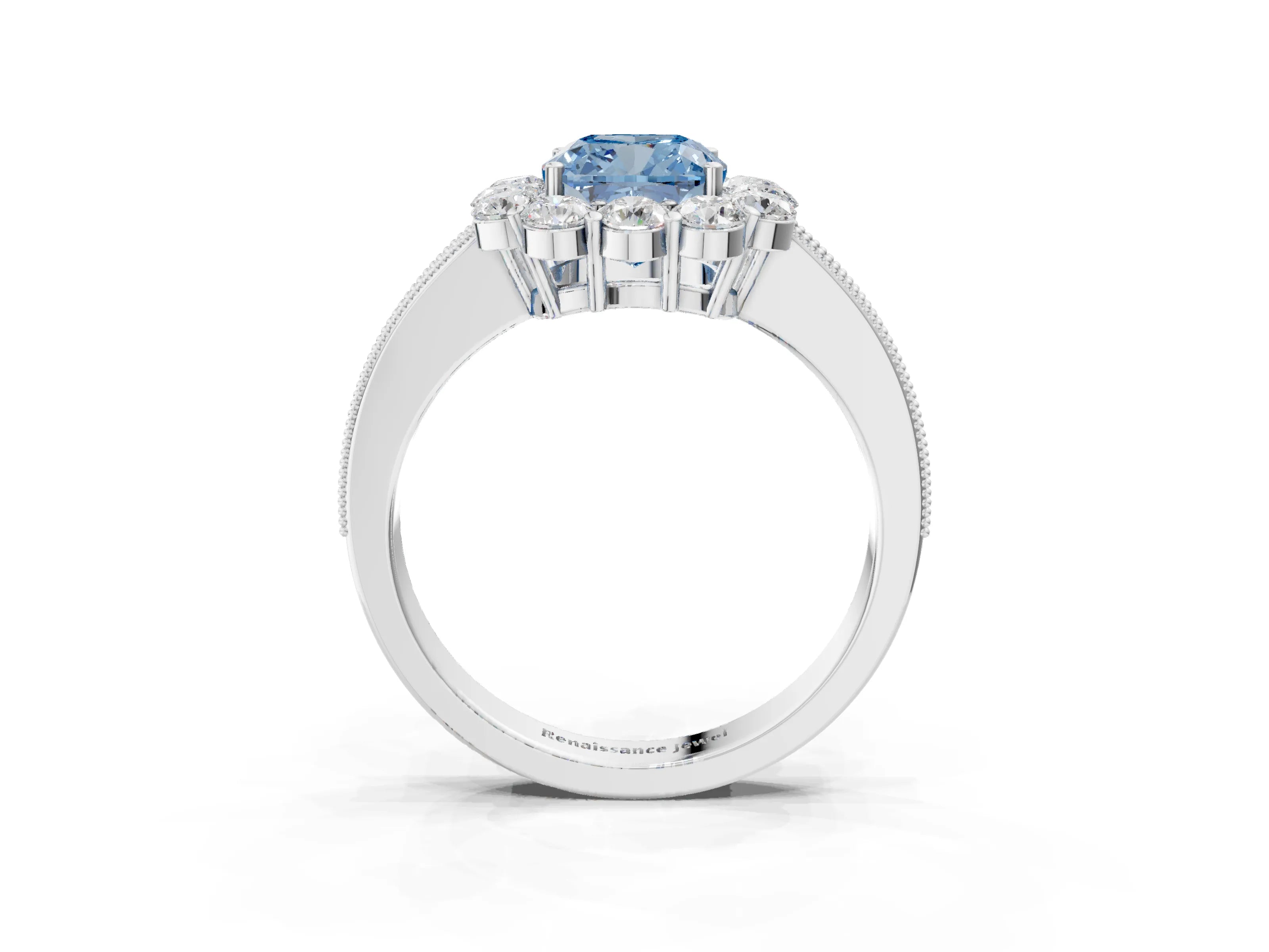 White gold Fancy Blue Cushion Cut Cut Halo Diamond Pavé Engagement Ring with Milgrain Detailing_3