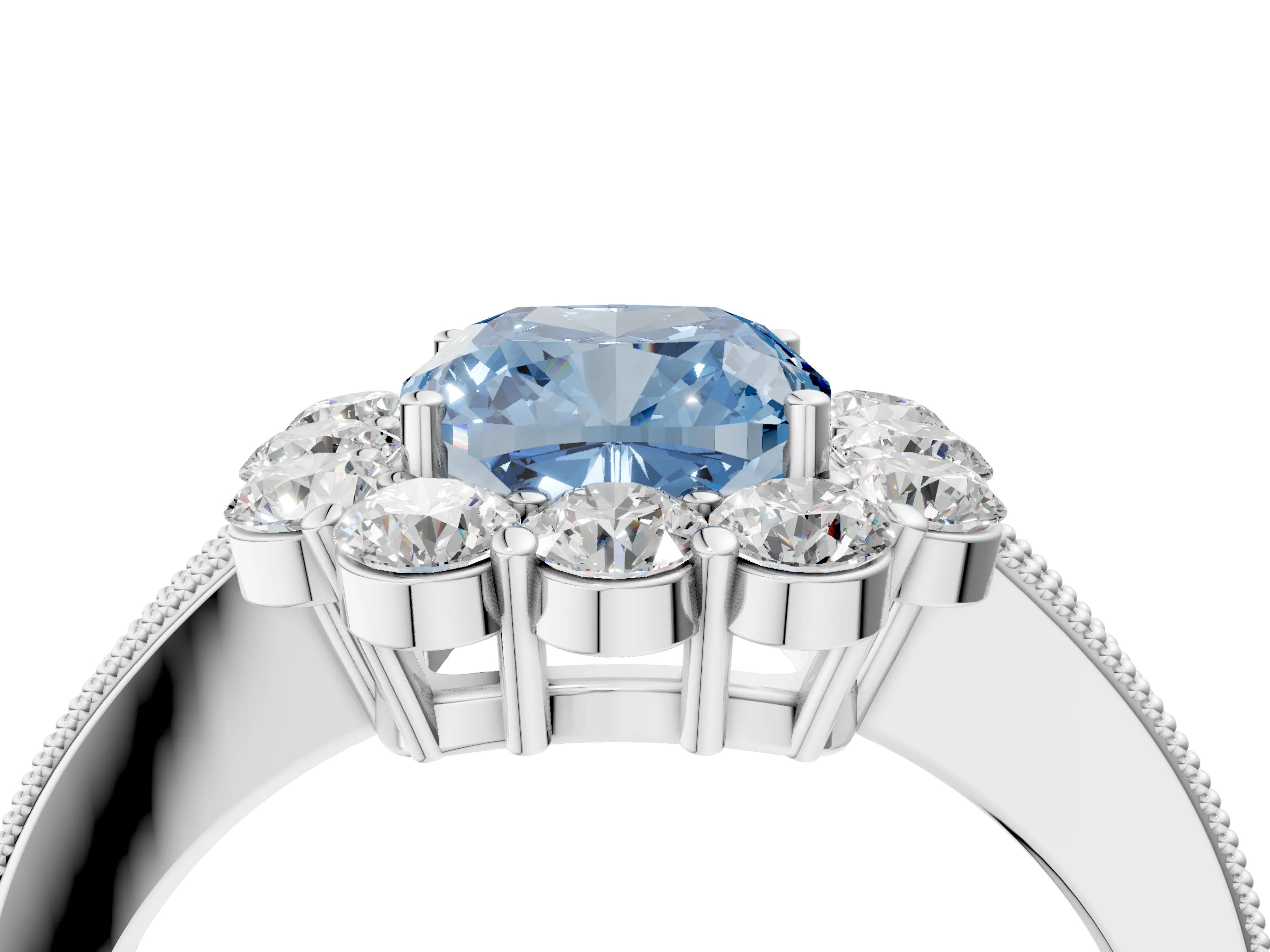 White gold Fancy Blue Cushion Cut Cut Halo Diamond Pavé Engagement Ring with Milgrain Detailing_4