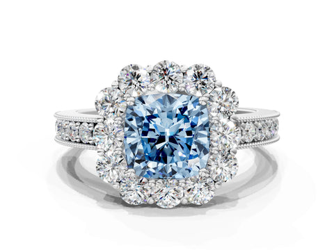 White gold Fancy Blue Cushion Cut Cut Halo Diamond Pavé Engagement Ring with Milgrain Detailing