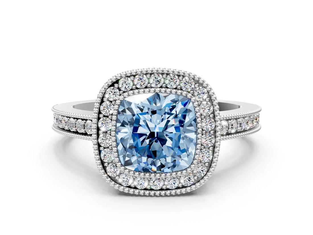 White gold Fancy Blue Cushion Cut Cut Halo Pavé Diamond Ring