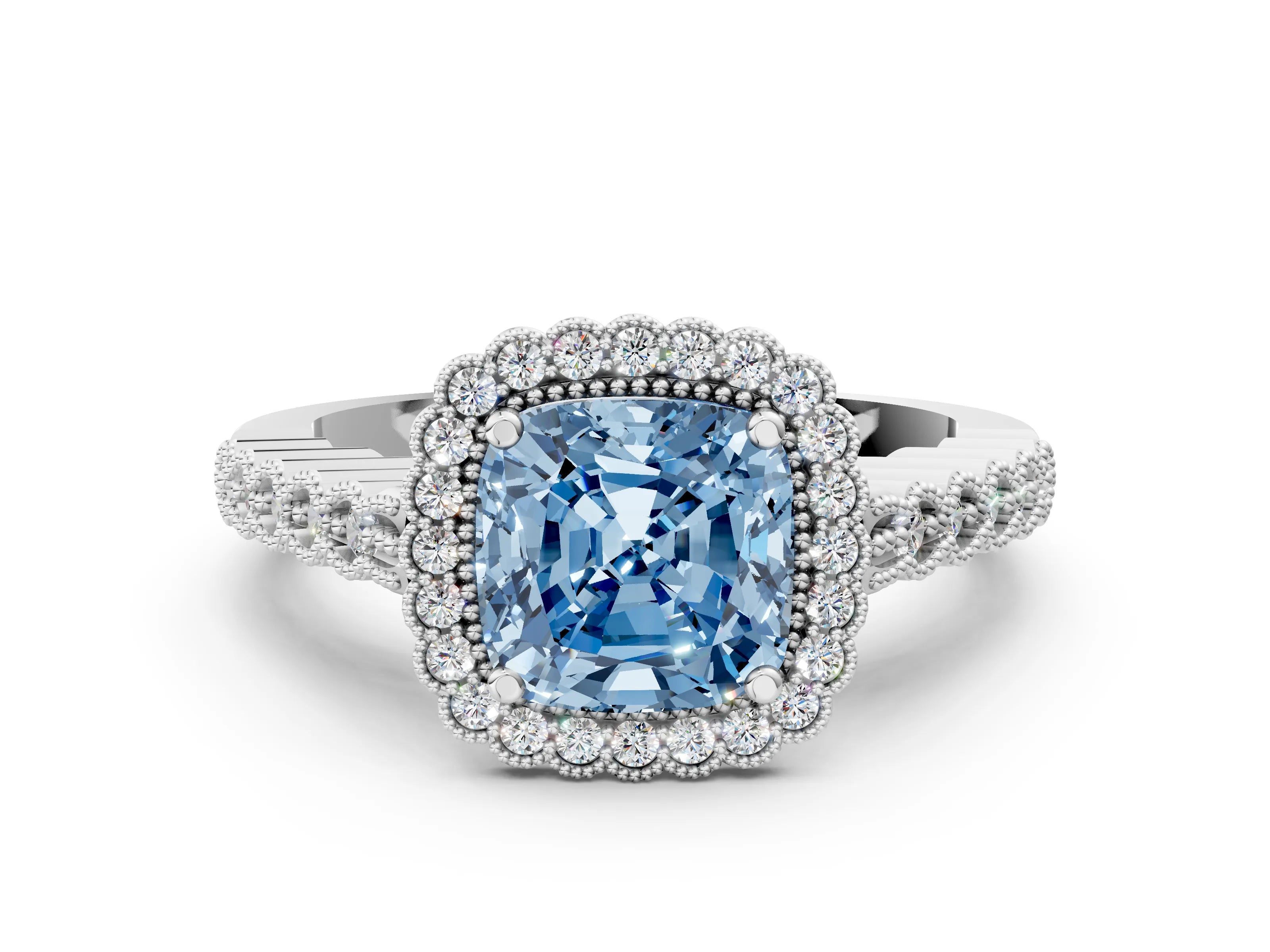 White gold Fancy Blue Cushion Cut Cut Halo Pavé Solitaire Ring with Milgrain Band_12