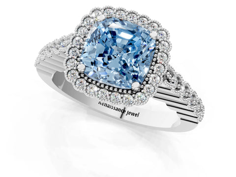 White gold Fancy Blue Cushion Cut Cut Halo Pavé Solitaire Ring with Milgrain Band_13