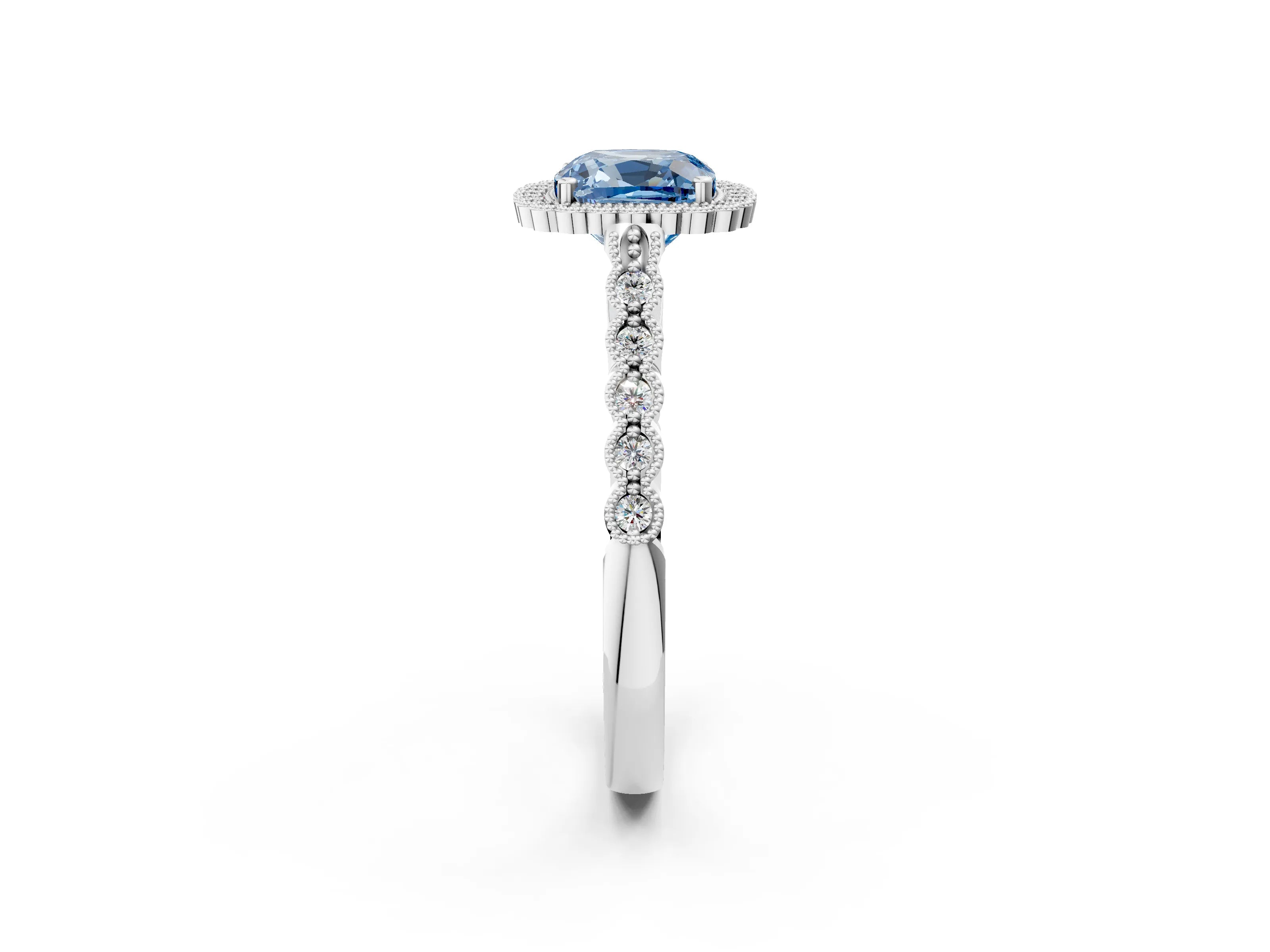 White gold Fancy Blue Cushion Cut Cut Halo Pavé Solitaire Ring with Milgrain Band_14