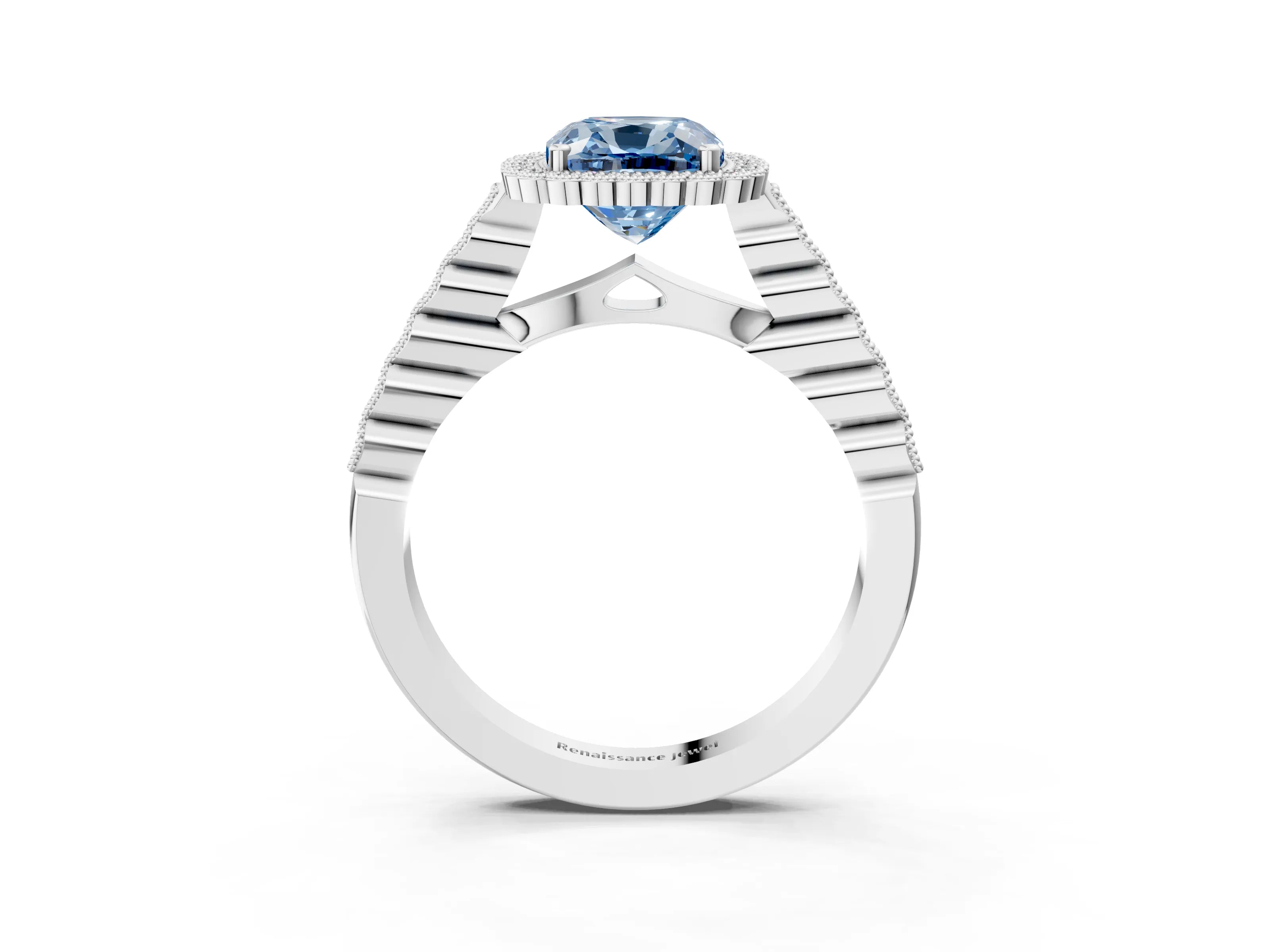 White gold Fancy Blue Cushion Cut Cut Halo Pavé Solitaire Ring with Milgrain Band_15