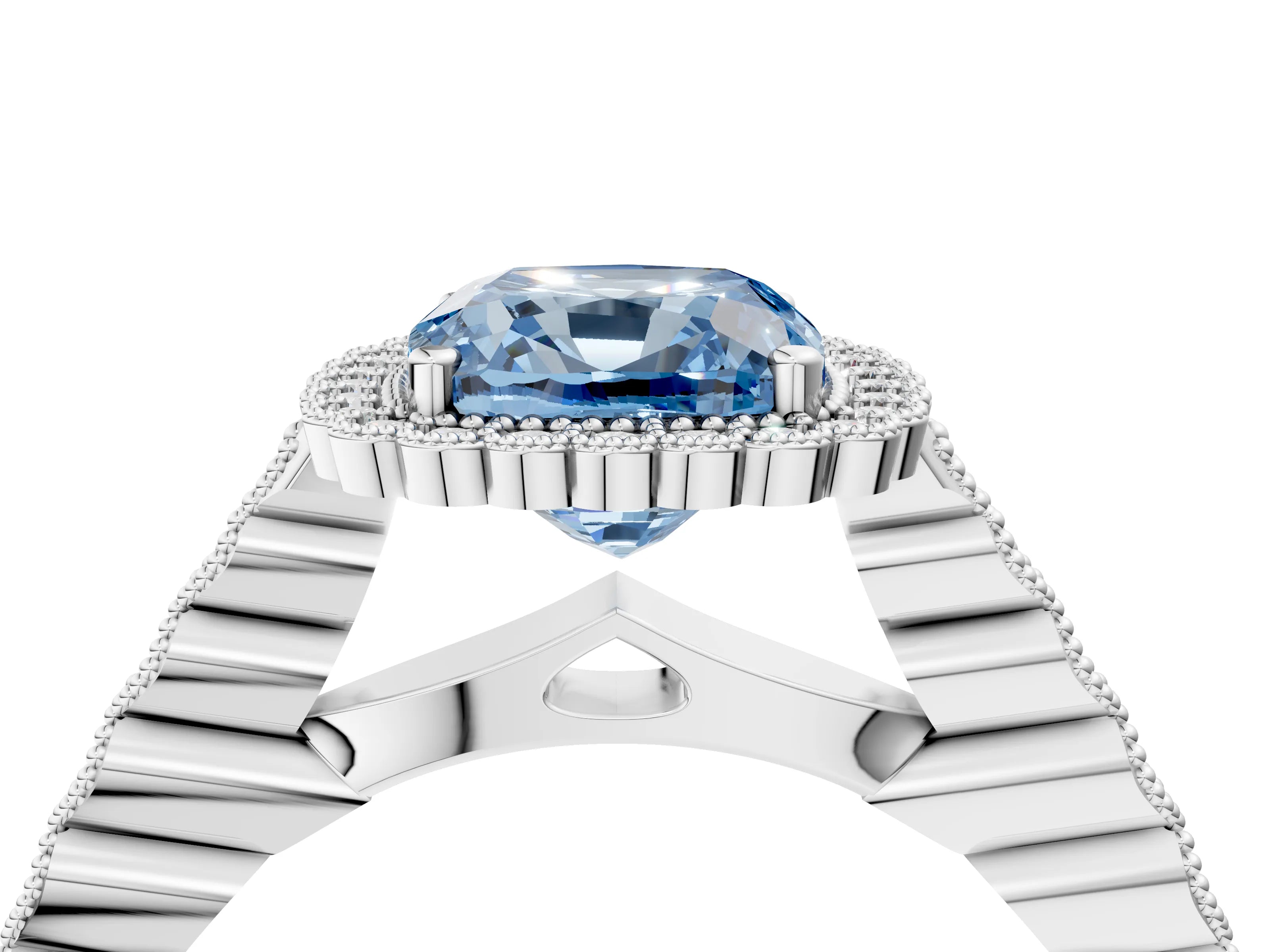 White gold Fancy Blue Cushion Cut Cut Halo Pavé Solitaire Ring with Milgrain Band_16
