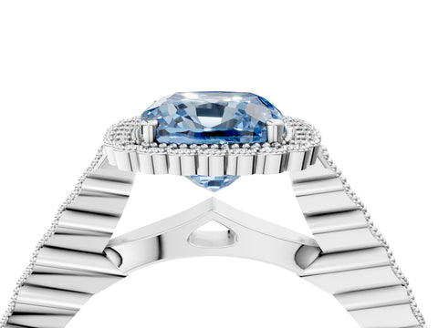 White gold Fancy Blue Cushion Cut Cut Halo Pavé Solitaire Ring with Milgrain Band_16