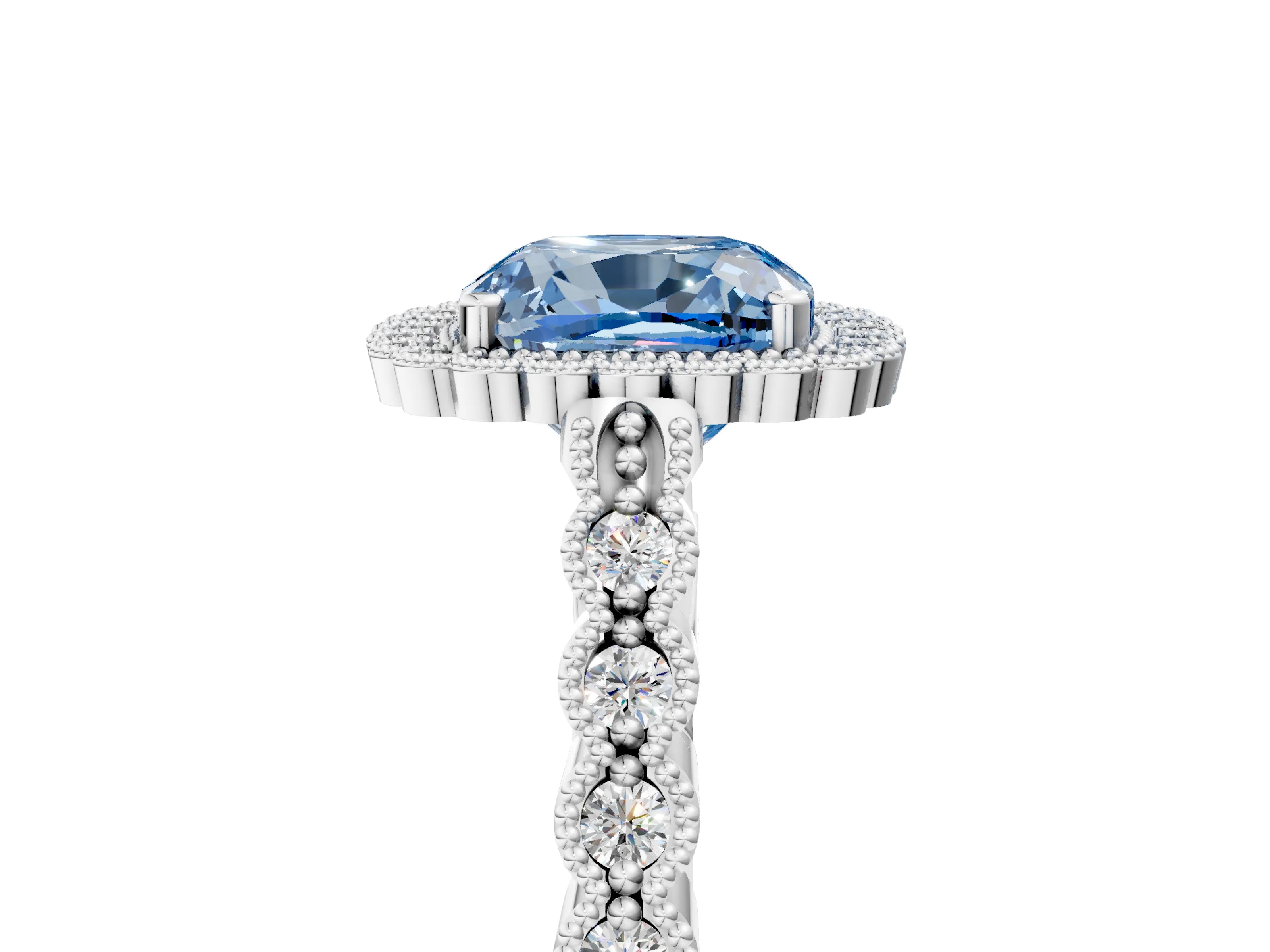 White gold Fancy Blue Cushion Cut Cut Halo Pavé Solitaire Ring with Milgrain Band_17