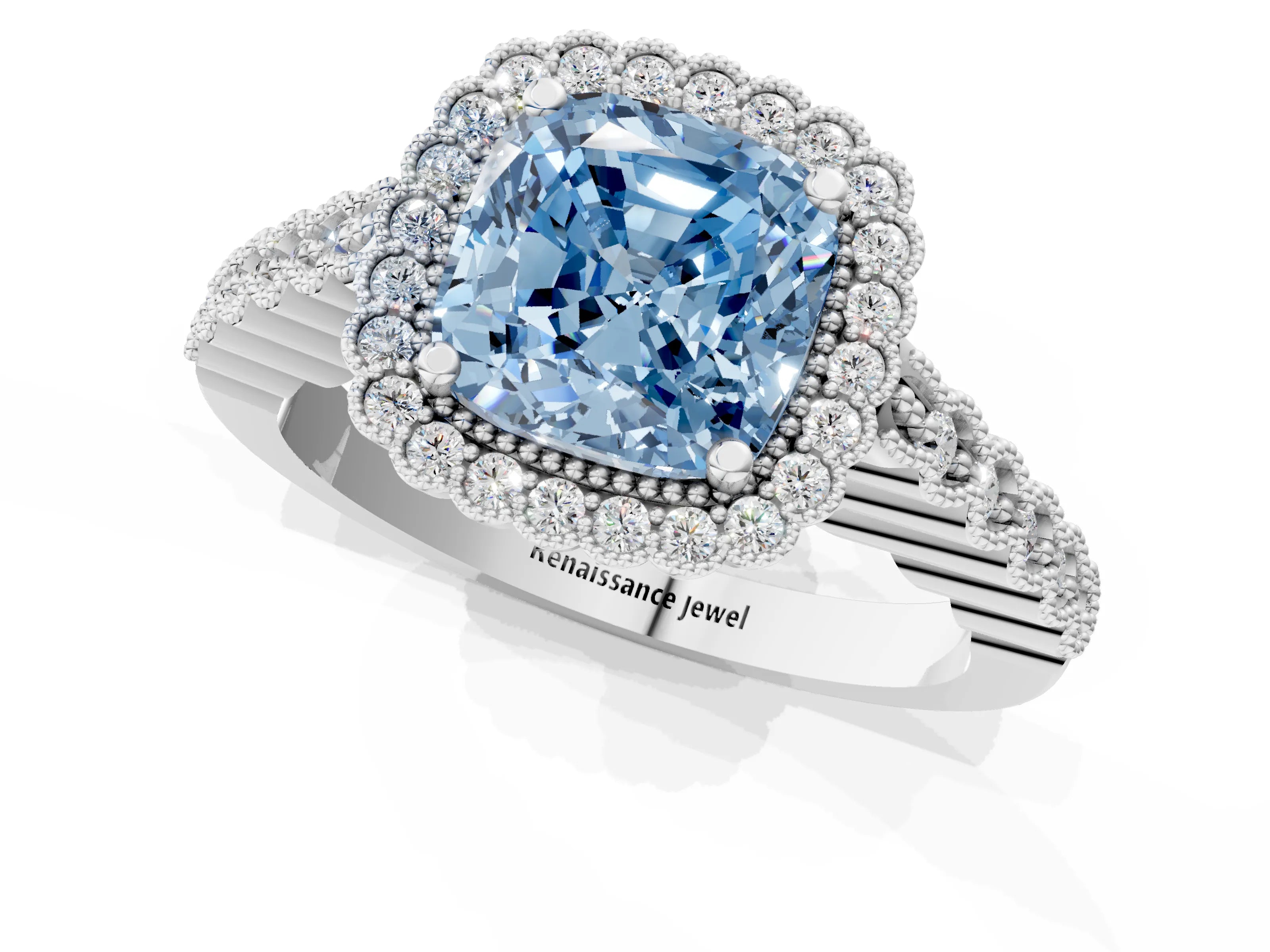 White gold Fancy Blue Cushion Cut Cut Halo Pavé Solitaire Ring with Milgrain Band_1