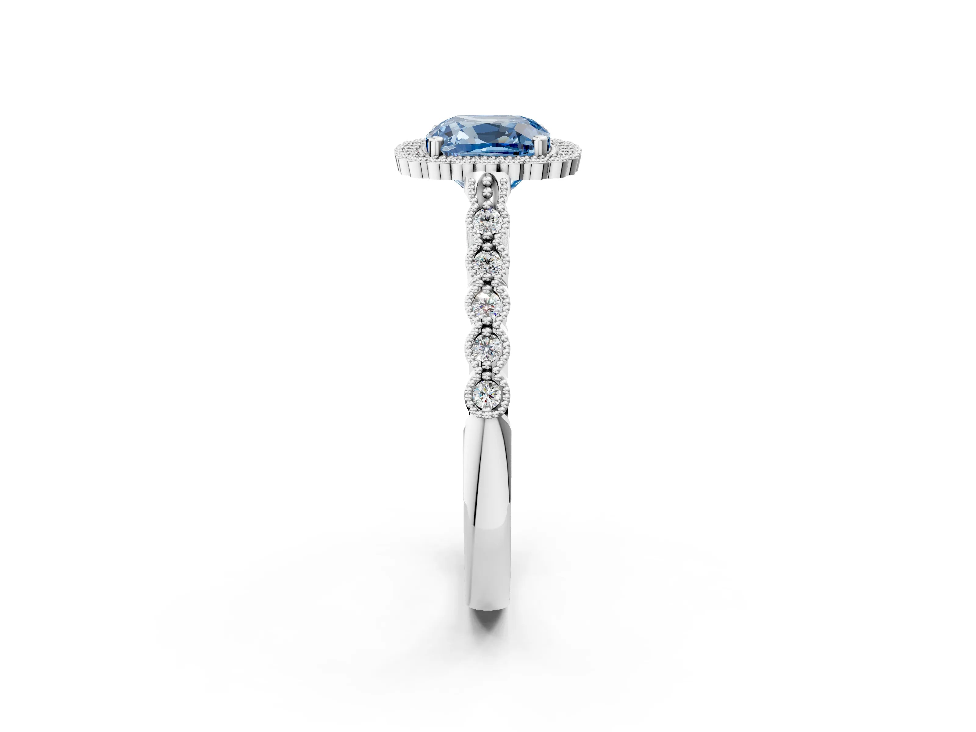 White gold Fancy Blue Cushion Cut Cut Halo Pavé Solitaire Ring with Milgrain Band_2