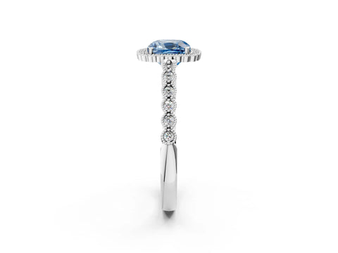 White gold Fancy Blue Cushion Cut Cut Halo Pavé Solitaire Ring with Milgrain Band_2