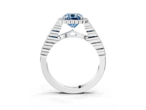 White gold Fancy Blue Cushion Cut Cut Halo Pavé Solitaire Ring with Milgrain Band_3