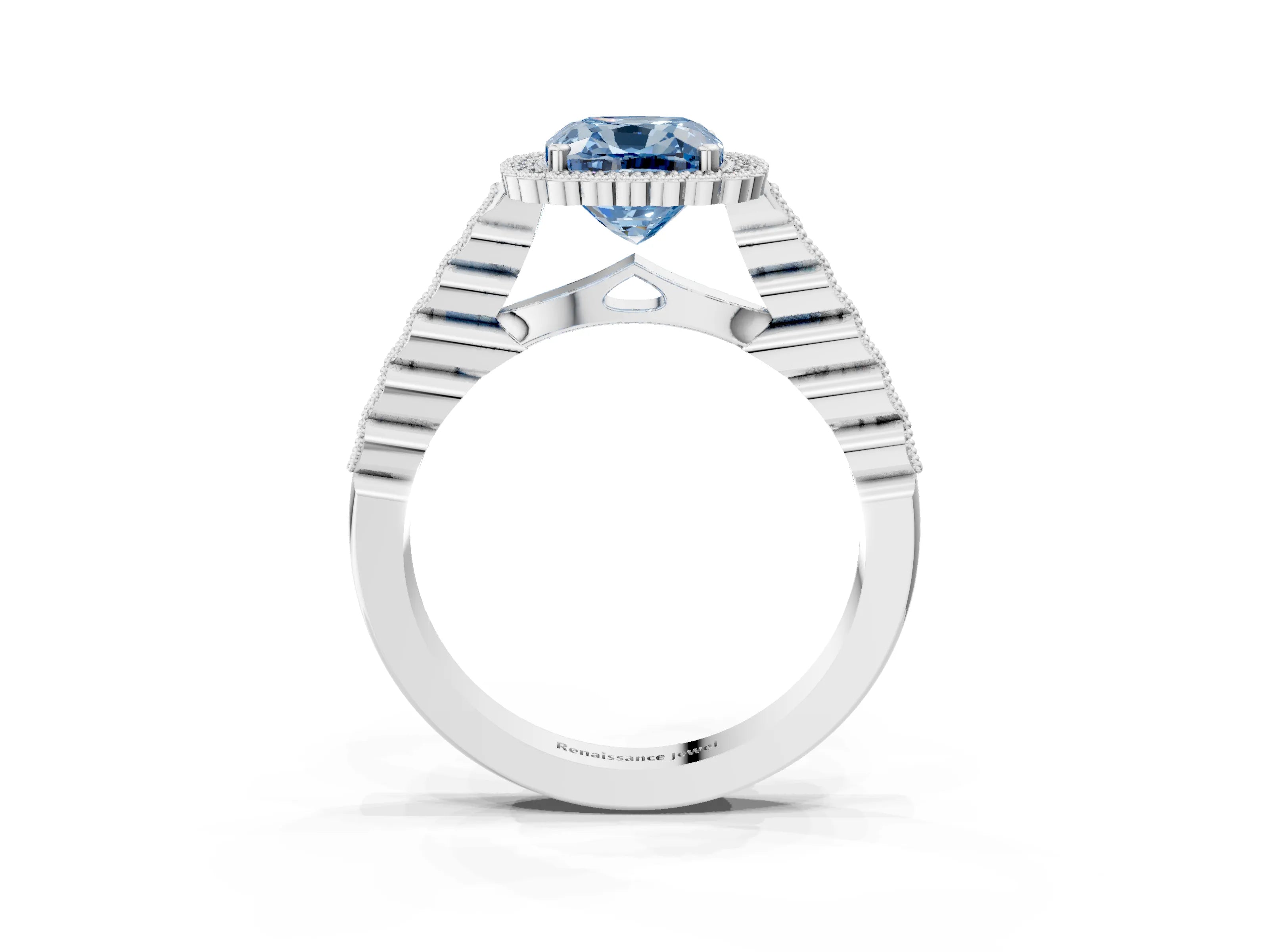 White gold Fancy Blue Cushion Cut Cut Halo Pavé Solitaire Ring with Milgrain Band_3
