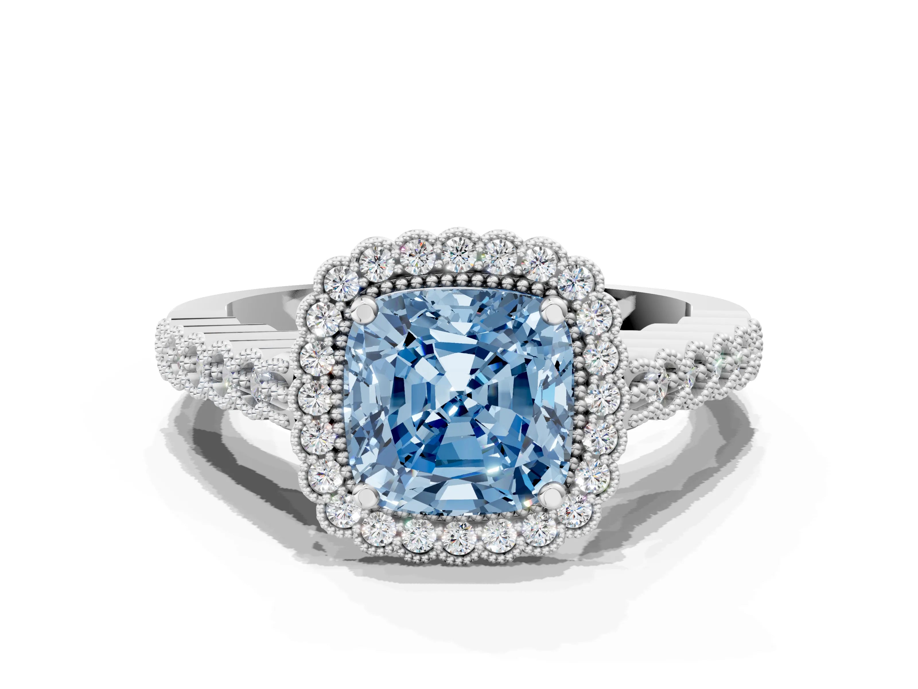 White gold Fancy Blue Cushion Cut Cut Halo Pavé Solitaire Ring with Milgrain Band
