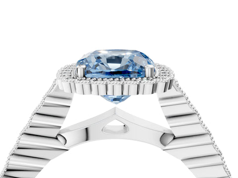 White gold Fancy Blue Cushion Cut Cut Halo Pavé Solitaire Ring with Milgrain Band_4