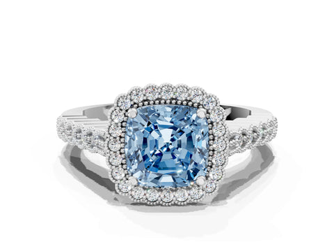 White gold Fancy Blue Cushion Cut Cut Halo Pavé Solitaire Ring with Milgrain Band
