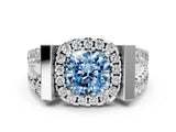 White gold Fancy Blue Cushion Cut Cut Halo Split Shank Prong Set Ring