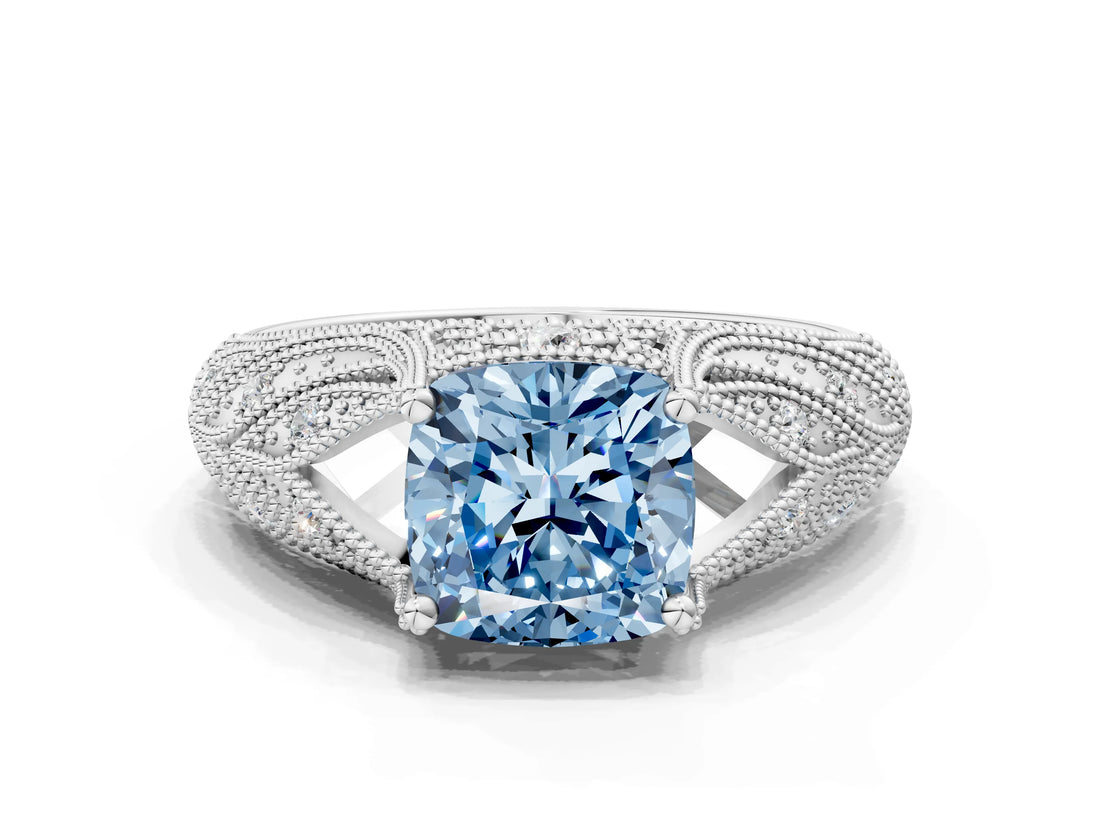 White gold Fancy Blue Cushion Cut Cut Milgrain Pave Diamond Engagement Ring with Four-Prong Setting_15