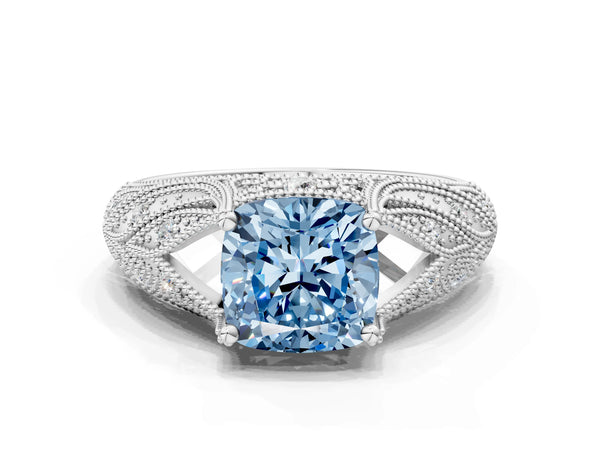 White gold Fancy Blue Cushion Cut Cut Milgrain Pave Diamond Engagement Ring with Four-Prong Setting