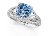 White gold Fancy Blue Cushion Cut Cut Milgrain Pave Diamond Engagement Ring with Four-Prong Setting_16