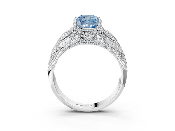 White gold Fancy Blue Cushion Cut Cut Milgrain Pave Diamond Engagement Ring with Four-Prong Setting