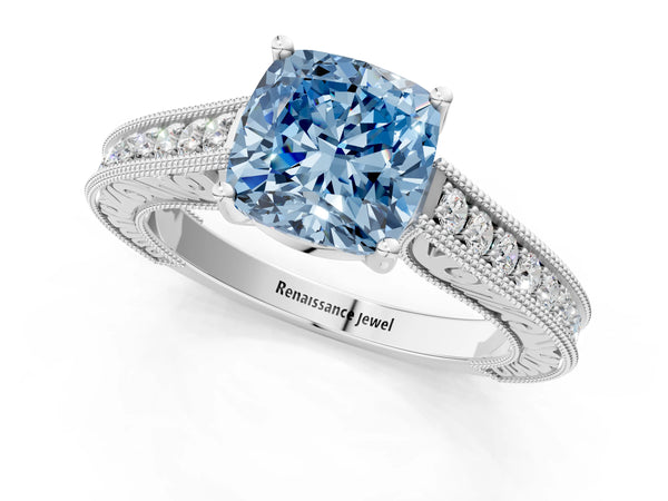 White gold Fancy Blue Cushion Cut Cut Pave Band Milgrain Solitaire Ring
