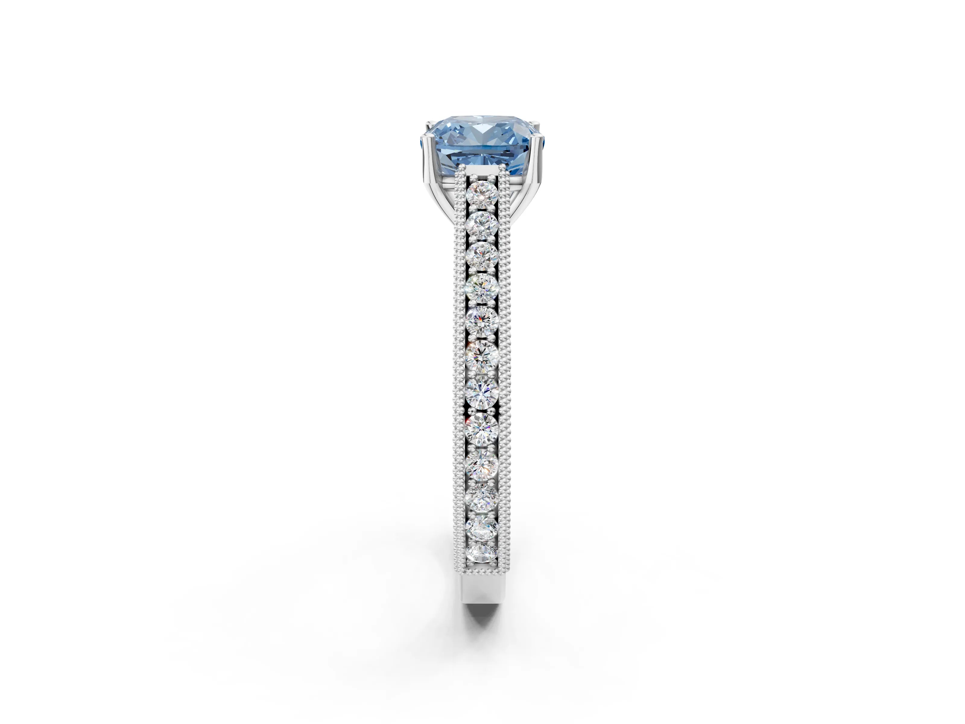 White gold Fancy Blue Cushion Cut Cut Pave Band Milgrain Solitaire Ring_2