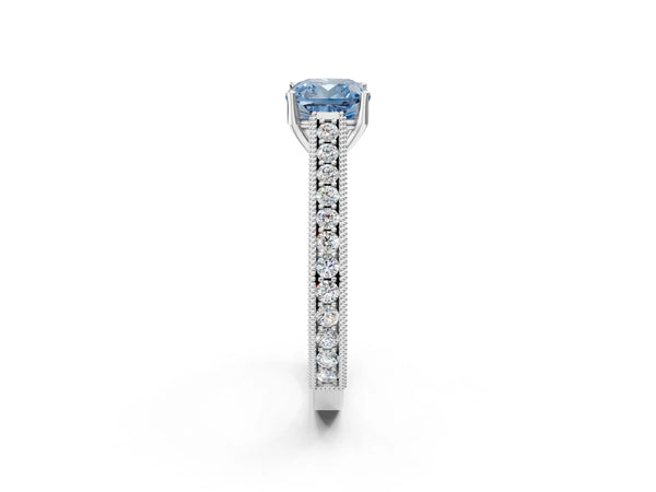 White gold Fancy Blue Cushion Cut Cut Pave Band Milgrain Solitaire Ring
