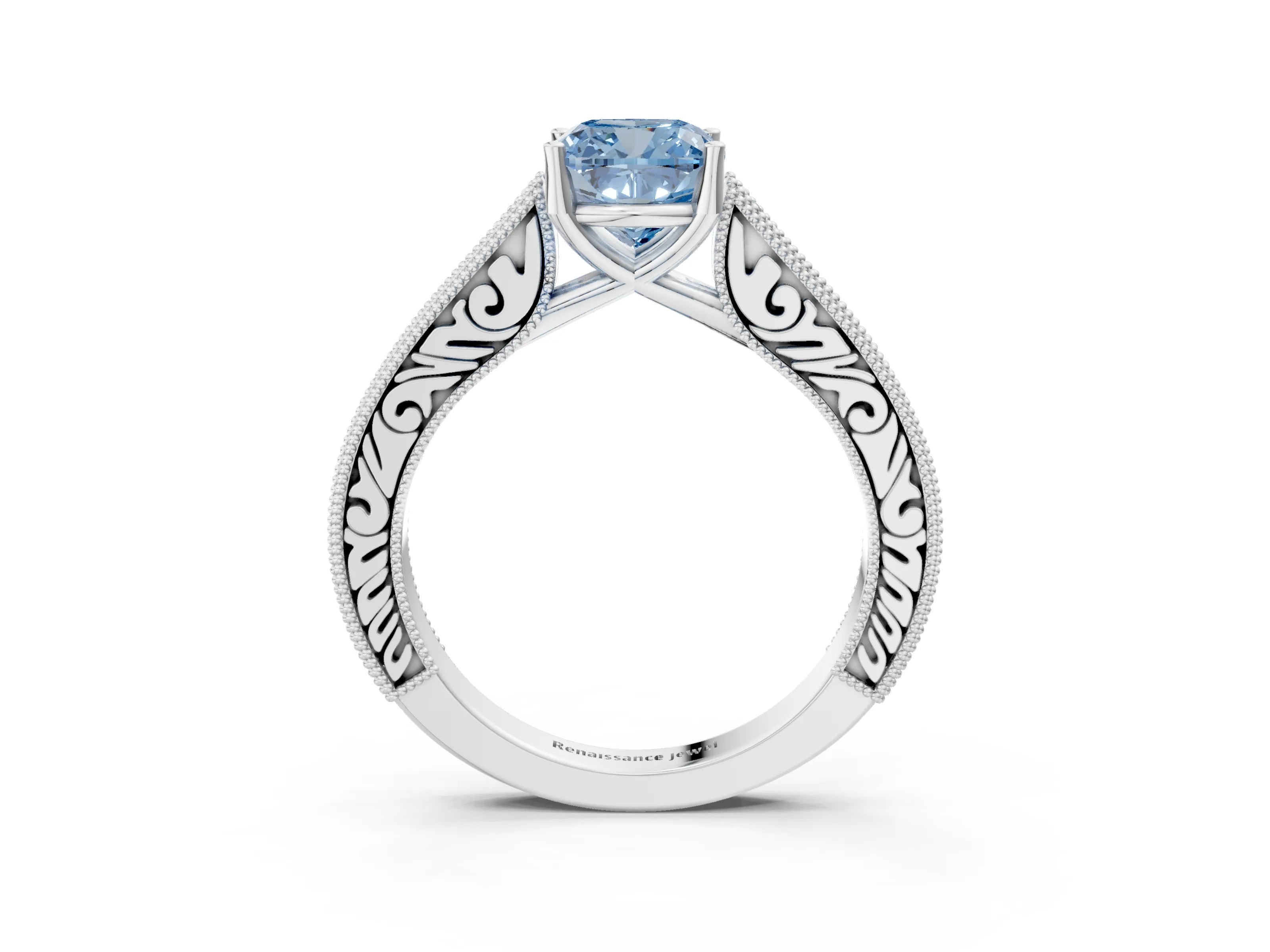 White gold Fancy Blue Cushion Cut Cut Pave Band Milgrain Solitaire Ring_3
