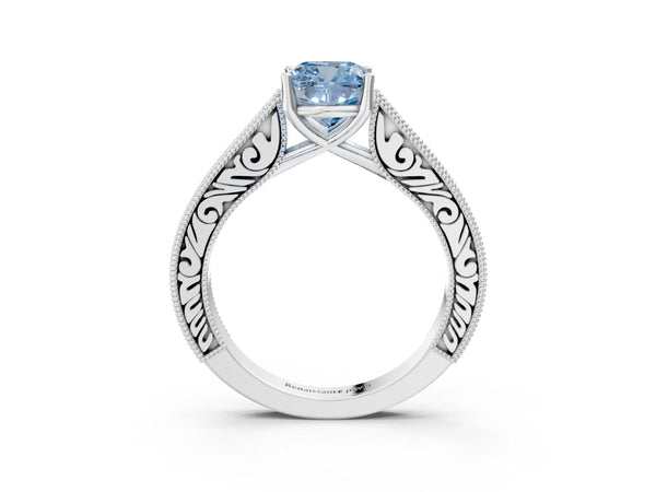 White gold Fancy Blue Cushion Cut Cut Pave Band Milgrain Solitaire Ring