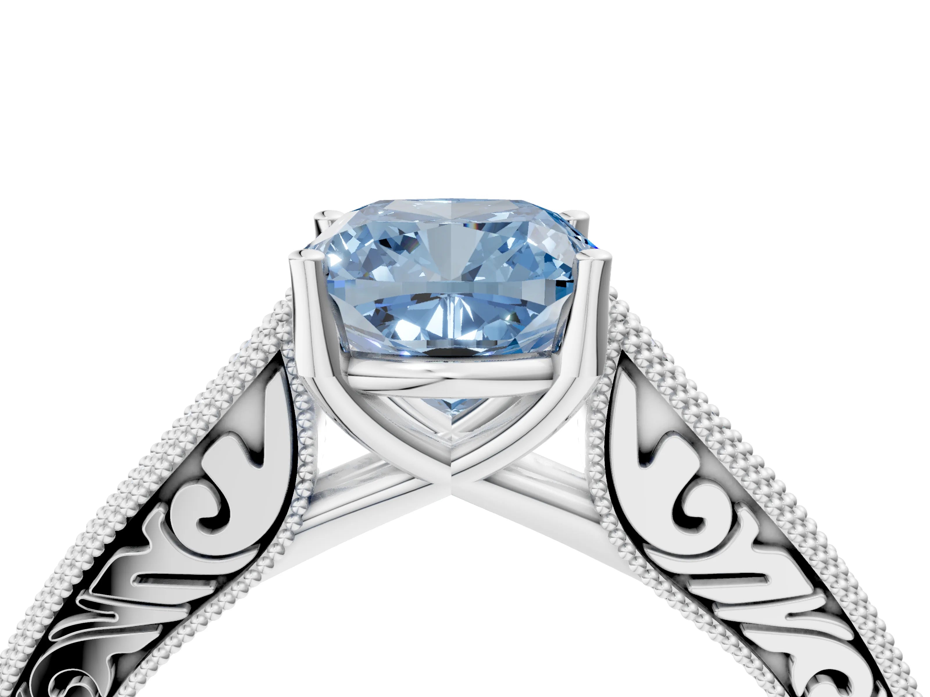 White gold Fancy Blue Cushion Cut Cut Pave Band Milgrain Solitaire Ring_4