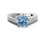 White gold Fancy Blue Cushion Cut Cut Pave Band Milgrain Solitaire Ring