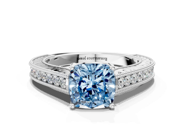 White gold Fancy Blue Cushion Cut Cut Pave Band Milgrain Solitaire Ring