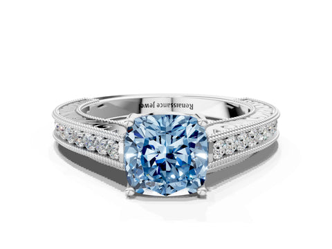White gold Fancy Blue Cushion Cut Cut Pave Band Milgrain Solitaire Ring