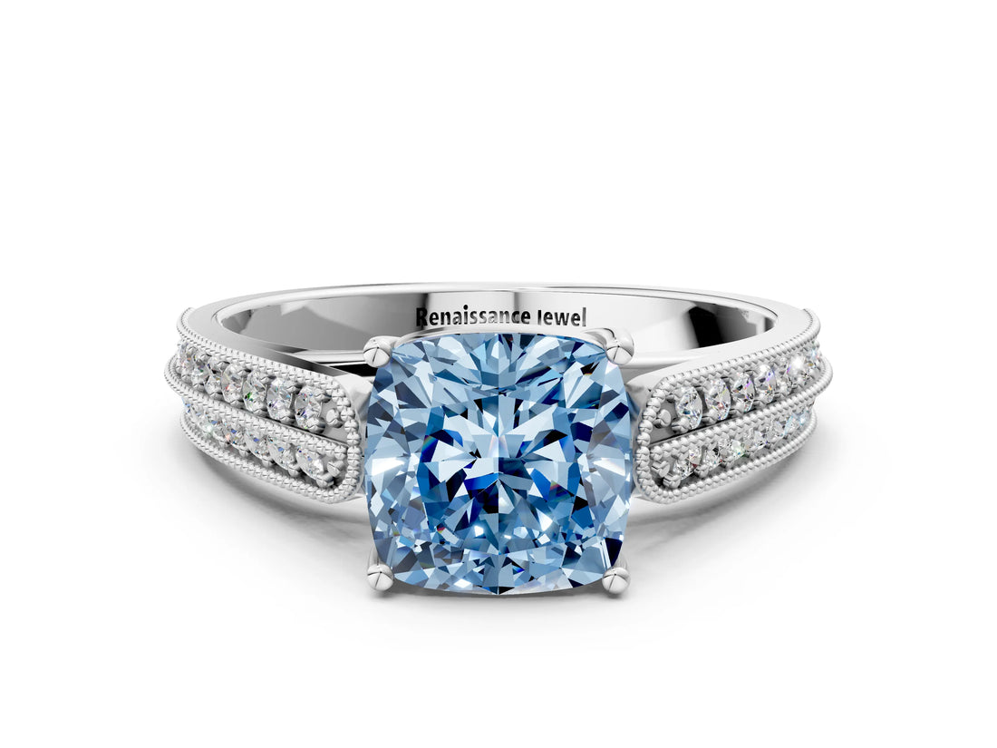 White gold Fancy Blue Cushion Cut Cut Pave Split Shank Engagement Ring with Four-Prong Setting_12