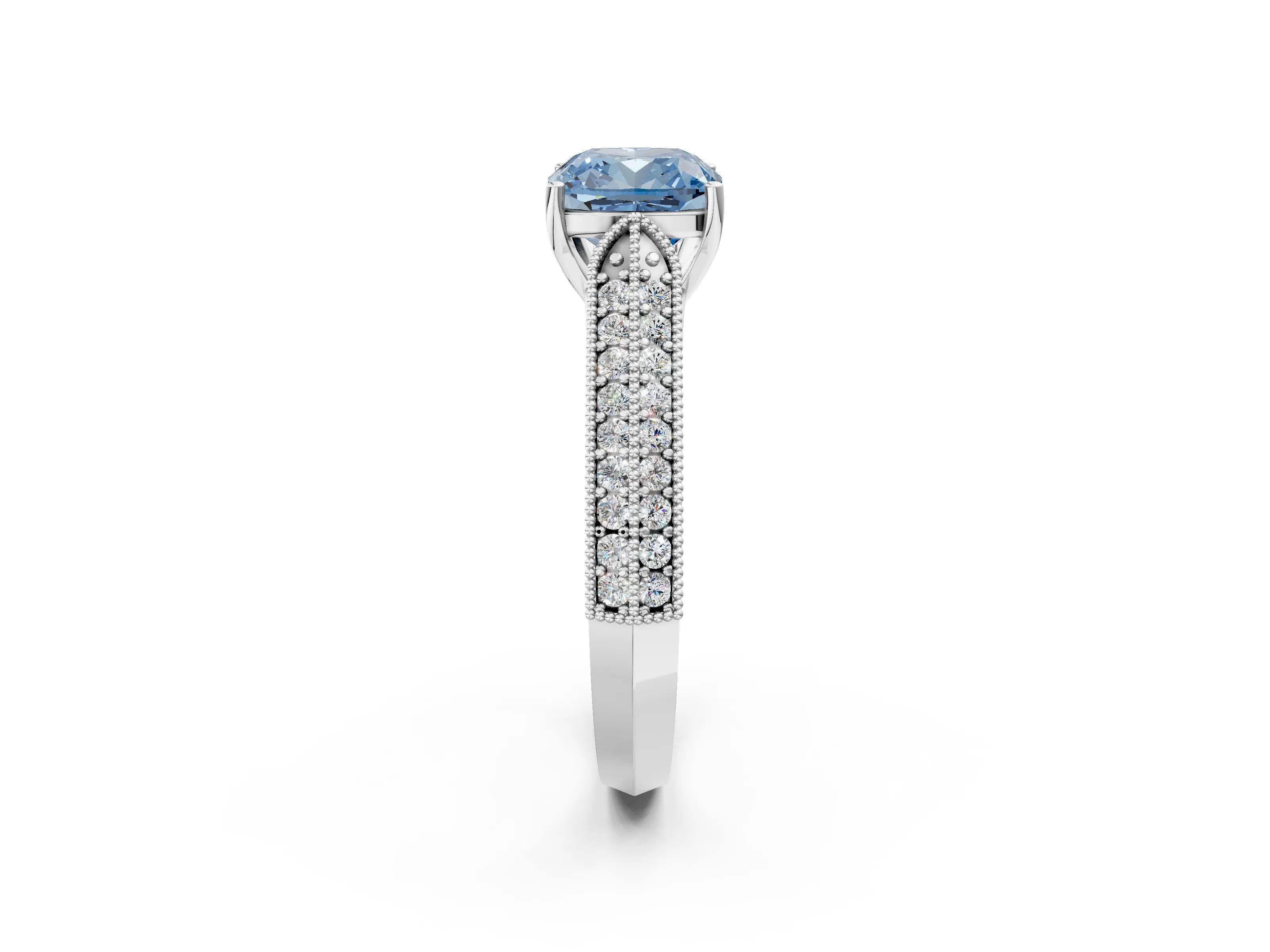White gold Fancy Blue Cushion Cut Cut Pave Split Shank Engagement Ring with Four-Prong Setting_14