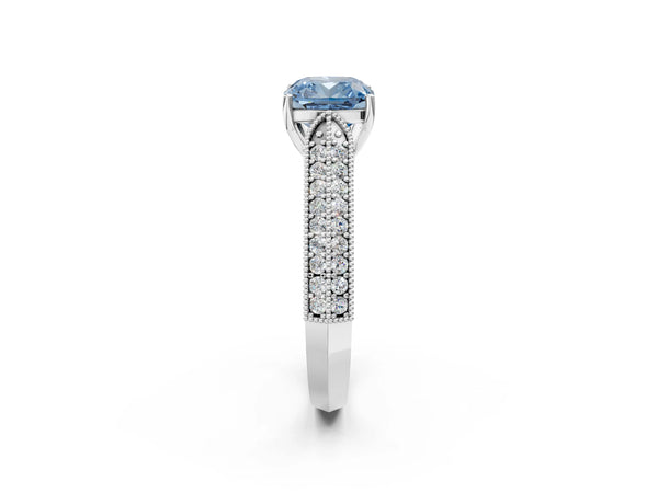 Platinum Fancy Blue Cushion Cut Cut Pave Split Shank Engagement Ring with Four-Prong Setting