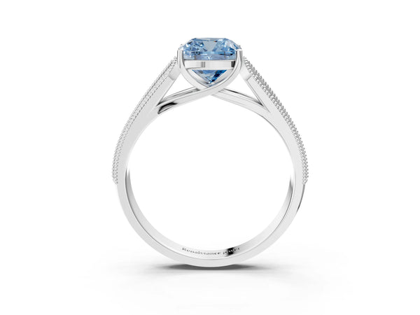 Platinum Fancy Blue Cushion Cut Cut Pave Split Shank Engagement Ring with Four-Prong Setting