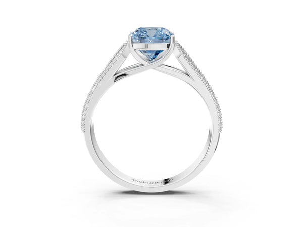 Platinum Fancy Blue Cushion Cut Cut Pave Split Shank Engagement Ring with Four-Prong Setting