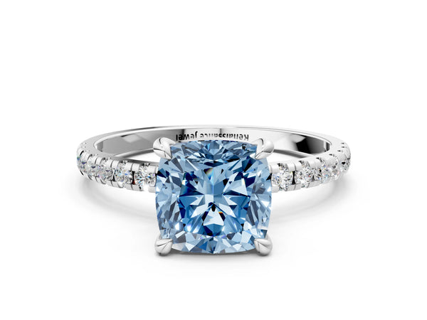 Platinum Fancy Blue Cushion Cut Diamond Brilliant Solitaire Ring with Pavé Band and Four-Prong Setting