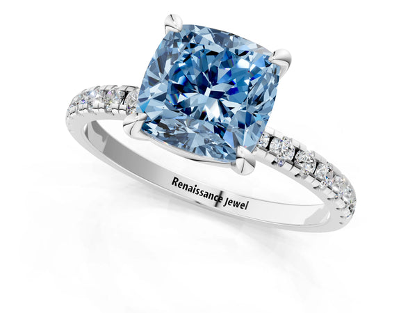 Platinum Fancy Blue Cushion Cut Diamond Brilliant Solitaire Ring with Pavé Band and Four-Prong Setting