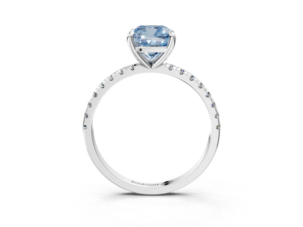 Platinum Fancy Blue Cushion Cut Diamond Brilliant Solitaire Ring with Pavé Band and Four-Prong Setting