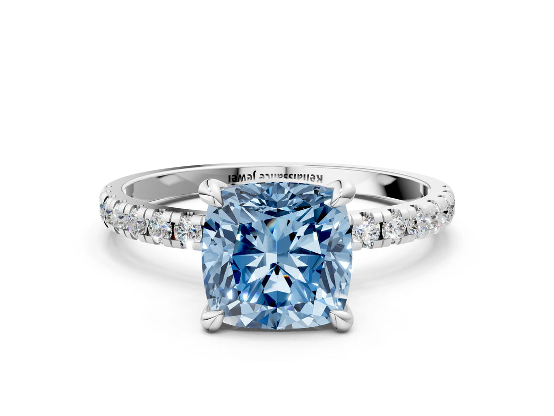 White gold Fancy Blue Cushion Cut Diamond Brilliant Solitaire Ring with Pavé Band and Four-Prong Setting_24