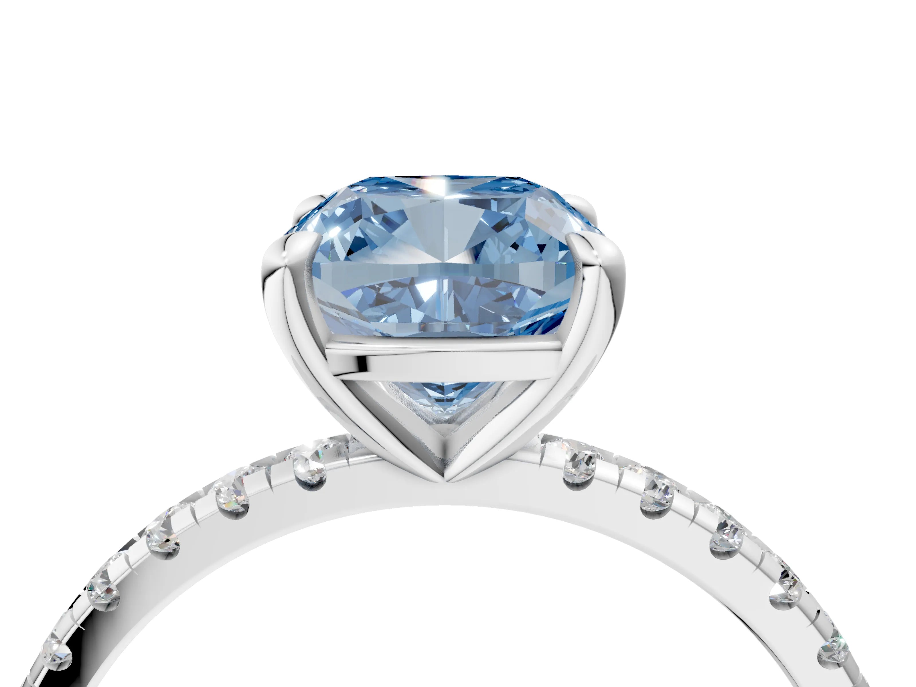 White gold Fancy Blue Cushion Cut Diamond Brilliant Solitaire Ring with Pavé Band and Four-Prong Setting_4