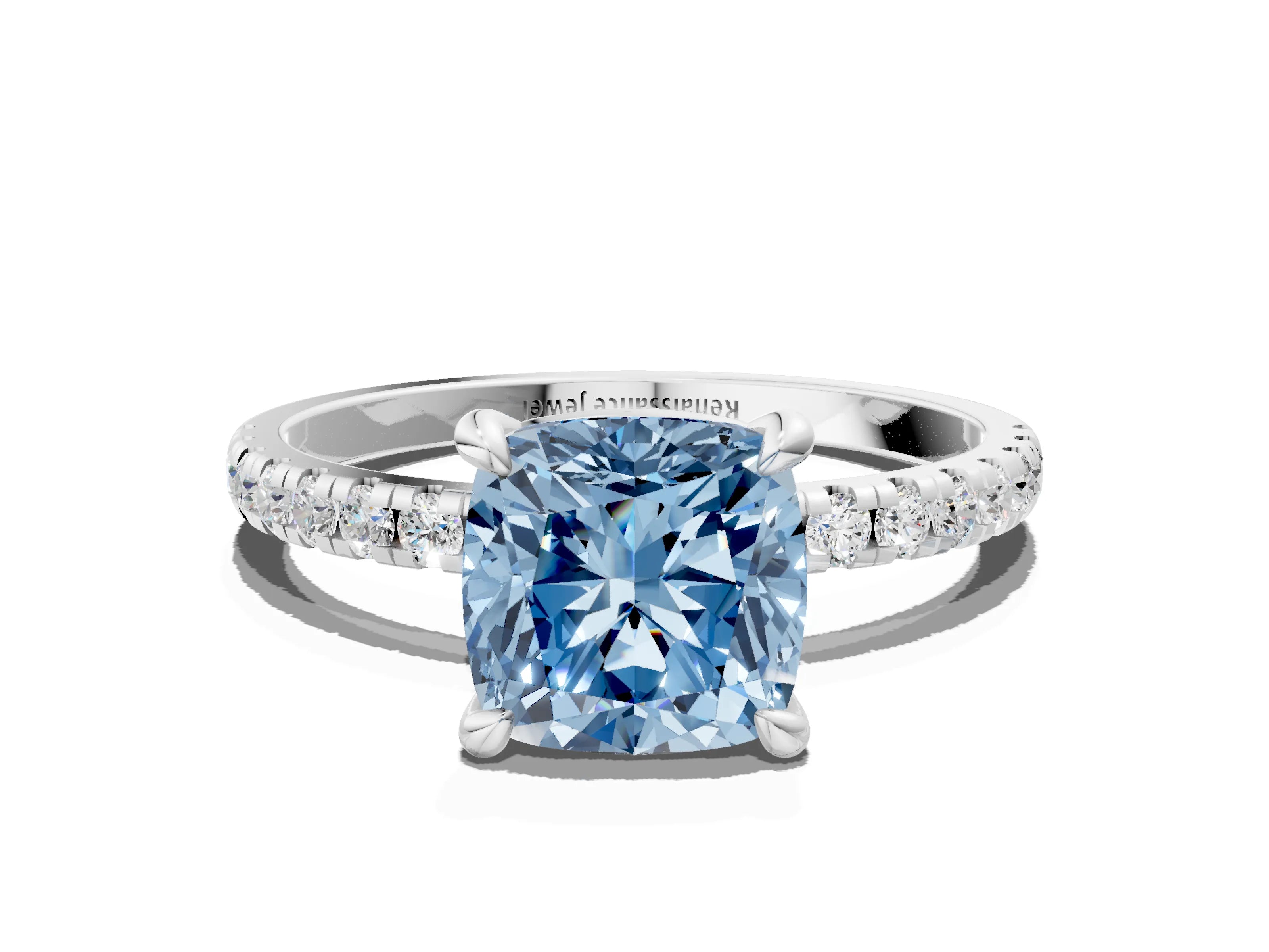 White gold Fancy Blue Cushion Cut Diamond Brilliant Solitaire Ring with Pavé Band and Four-Prong Setting