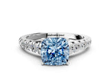 White gold Fancy Blue Cushion Cut Diamond Cathedral Solitaire Ring with Round  Pavé Band_219