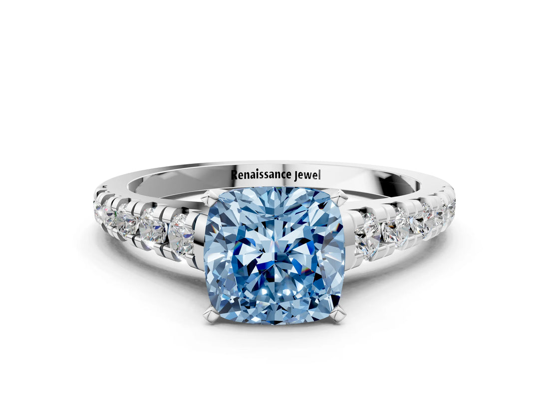 White gold Fancy Blue Cushion Cut Diamond Cathedral Solitaire Ring with Round  Pavé Band_220